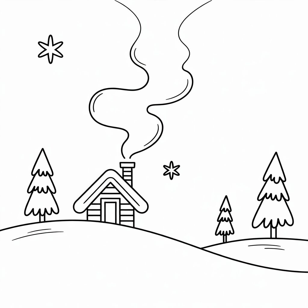Casa invernale semplice sulla collina da colorare