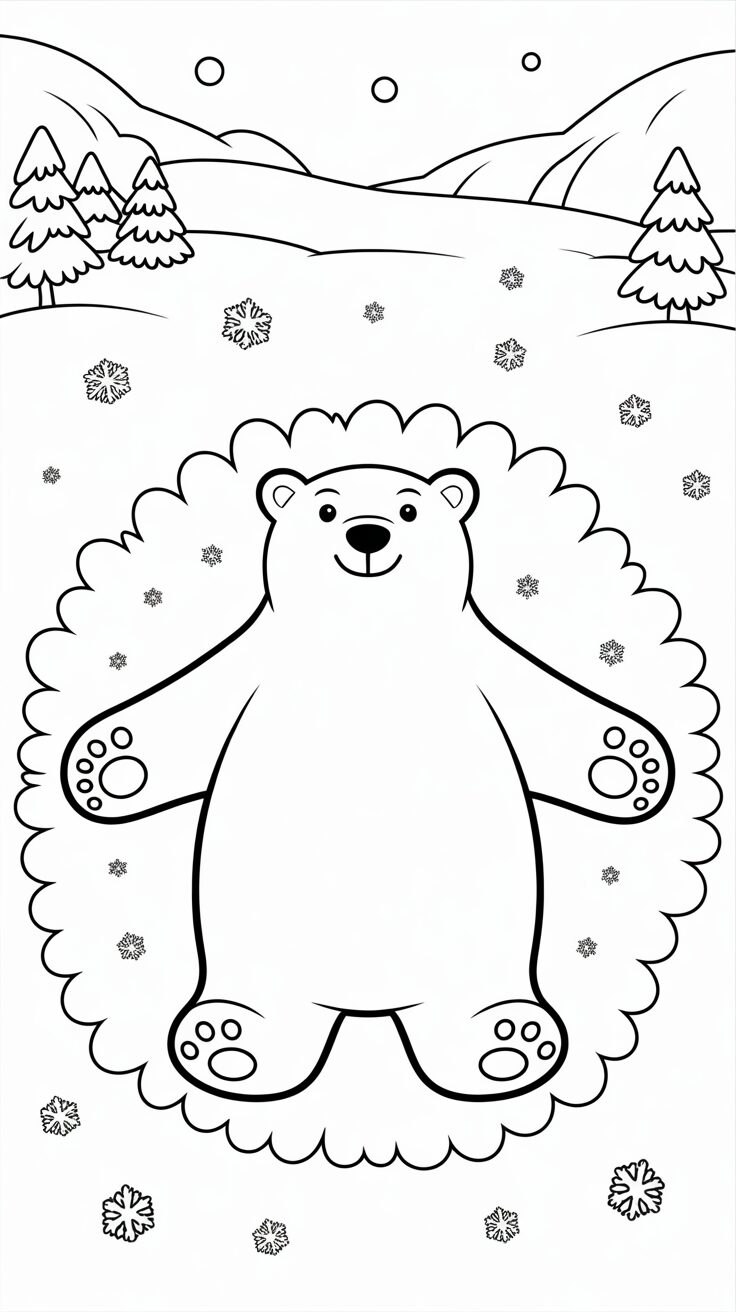 Orso polare che fa un angelo nella neve da colorare
