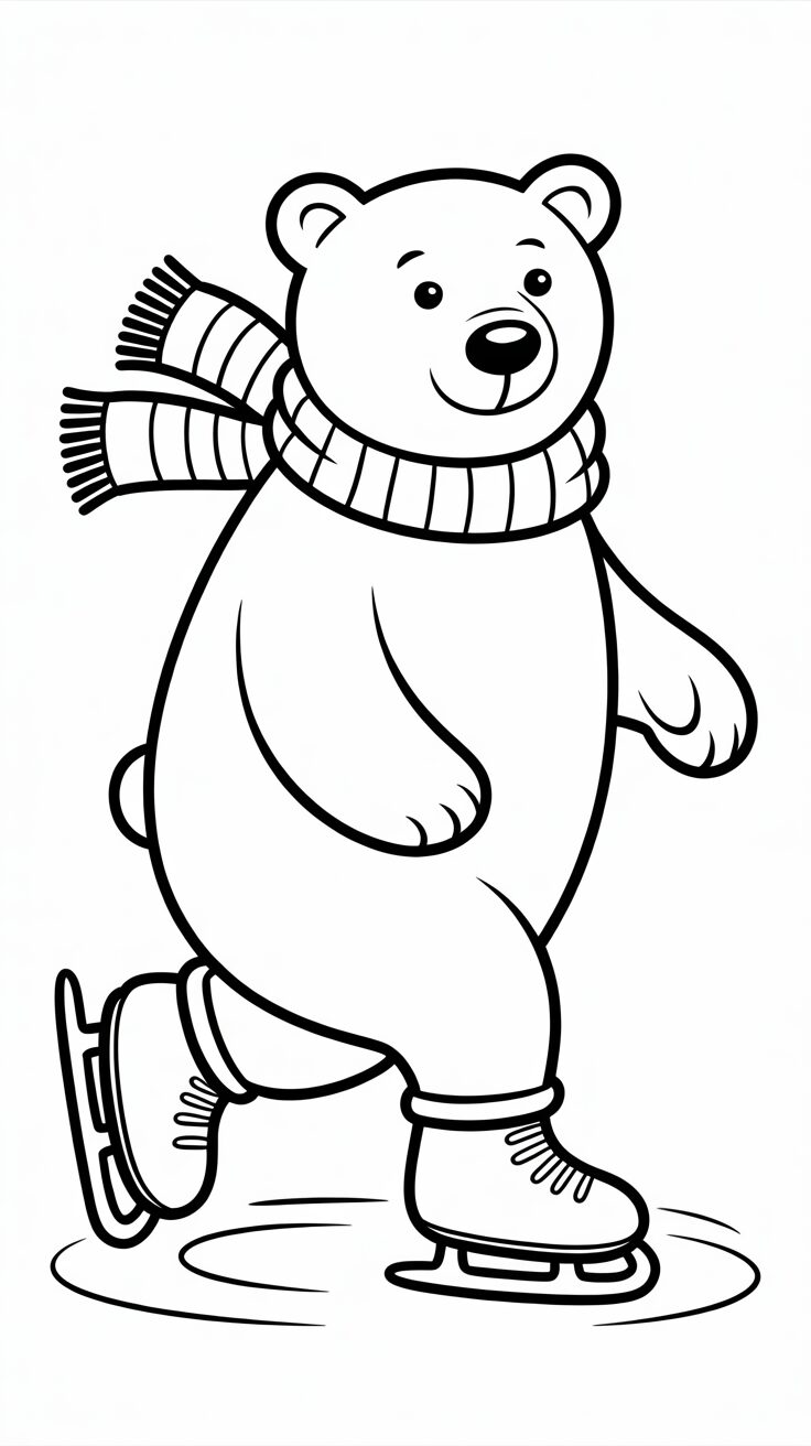 Orso polare con sciarpa che pattina da colorare