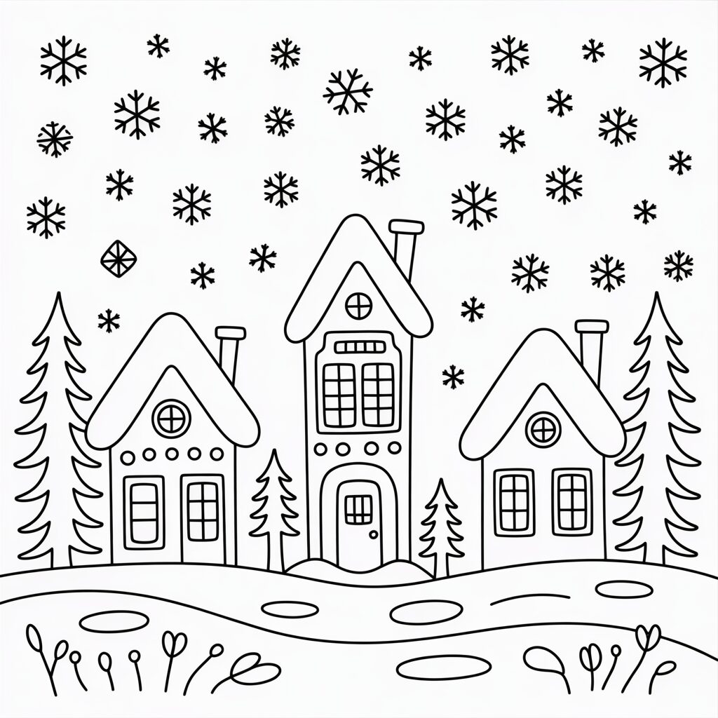 Villaggio invernale con tre casette da colorare
