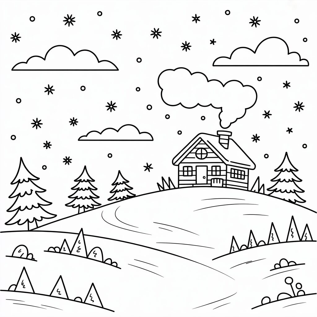 Collina invernale con casetta e fiocchi di neve da colorare