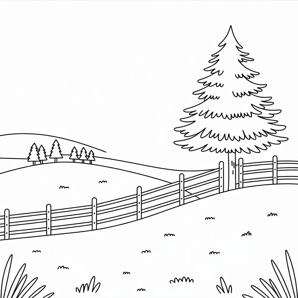 Paesaggio invernale con recinto di legno da colorare