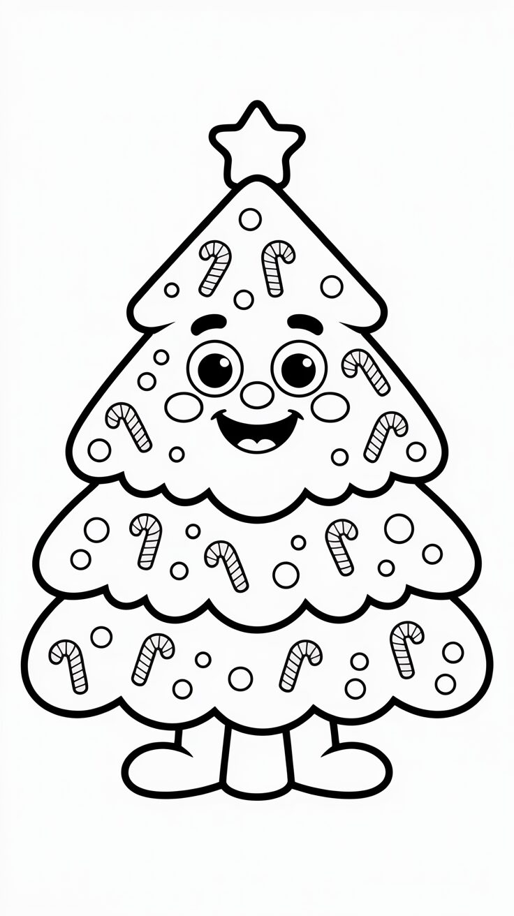Albero di Natale in stile cartone animato allegro da colorare