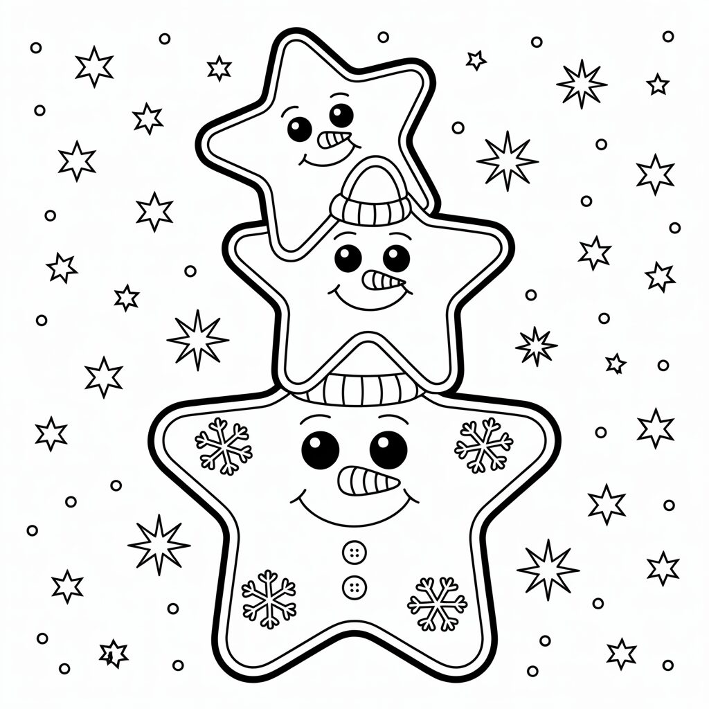 Stella di Natale con pupazzi di neve impilati da colorare