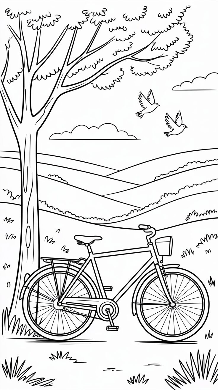 Disegno da colorare della bicicletta nel parco in PDF gratuito