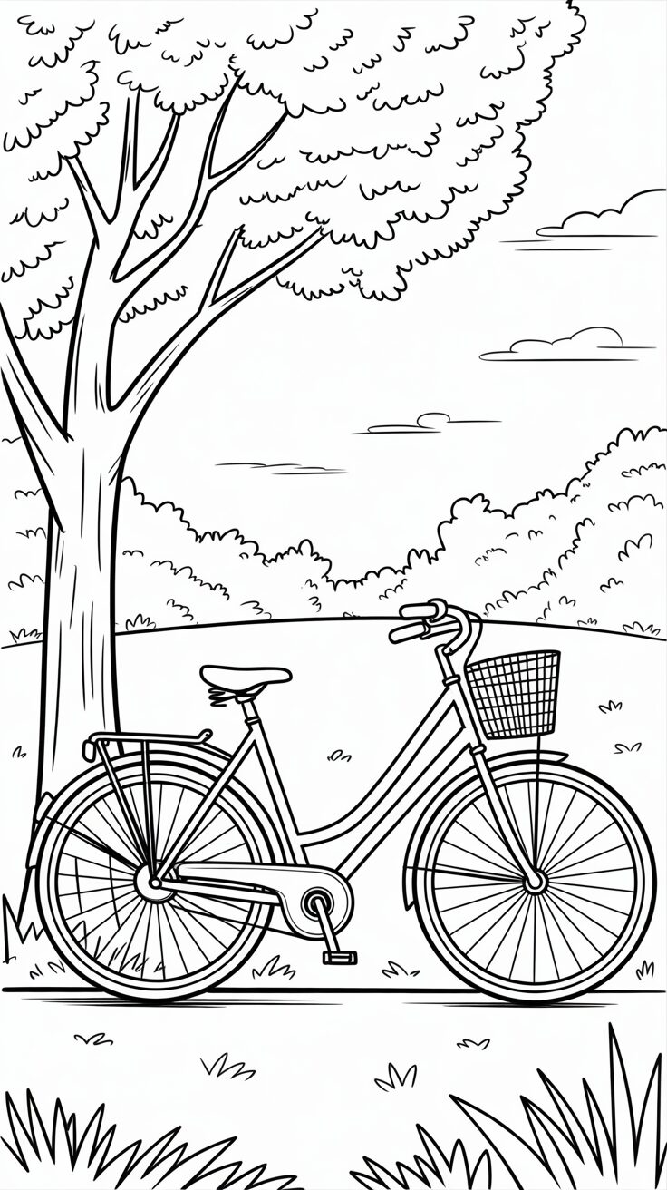 Disegno da colorare della bicicletta nel parco da stampare