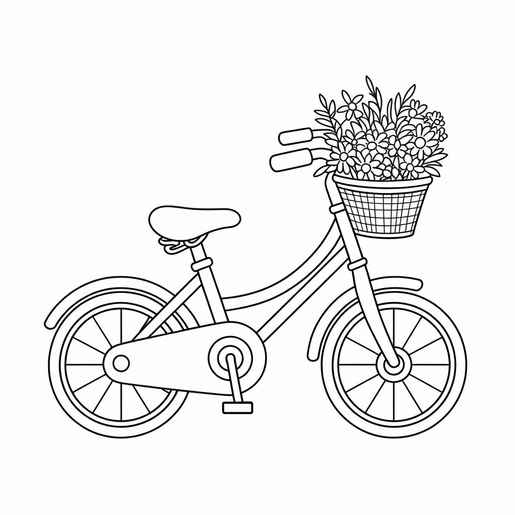 Disegno da colorare di bicicletta per bambini con cestino da scaricare gratuitamente