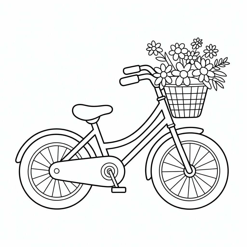 Disegno da colorare PDF di bicicletta per bambini con cestino
