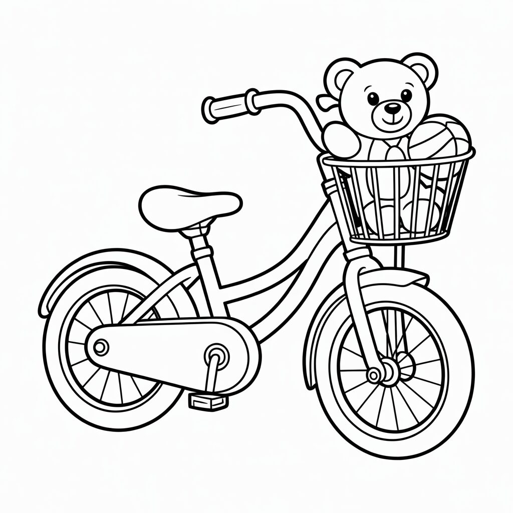 Disegno da colorare stampabile di bicicletta per bambini con cestino