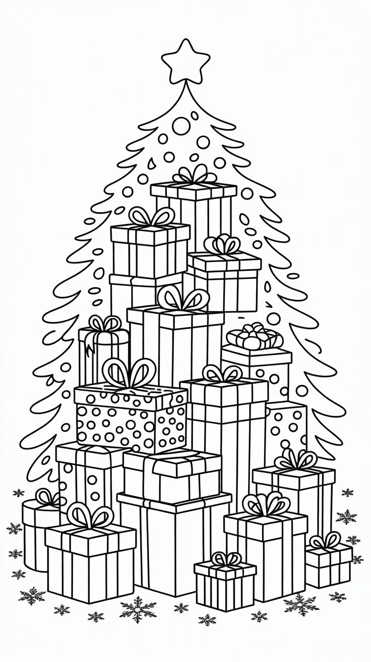 Montagna di regali di Natale sotto l’albero da colorare