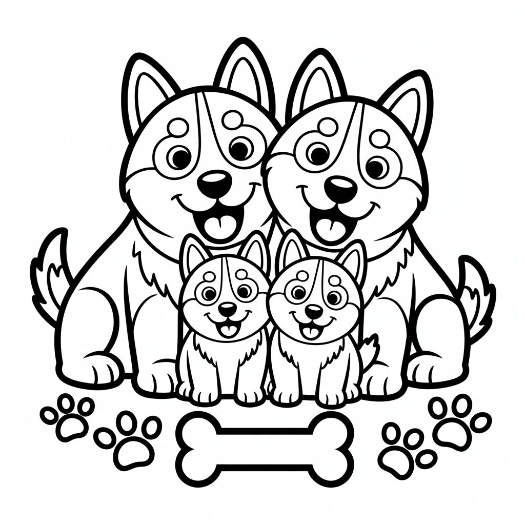 Disegno da colorare di una famiglia felice di husky con un osso