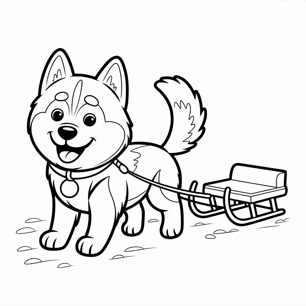 Disegno da colorare di un husky felice con slitta visto di fronte