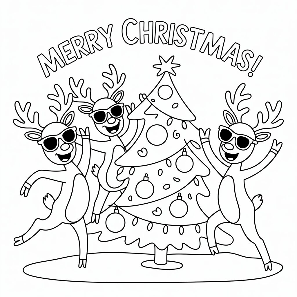 Renne danzanti con albero di Natale da colorare