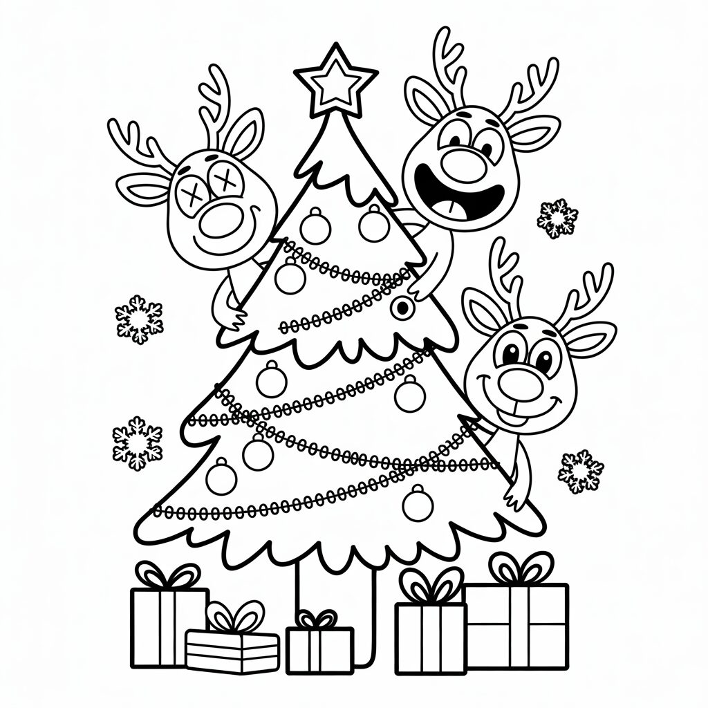 Renne divertenti nell’albero di Natale da colorare