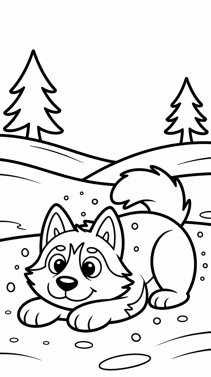 Disegno da colorare di un husky che si tuffa nella neve