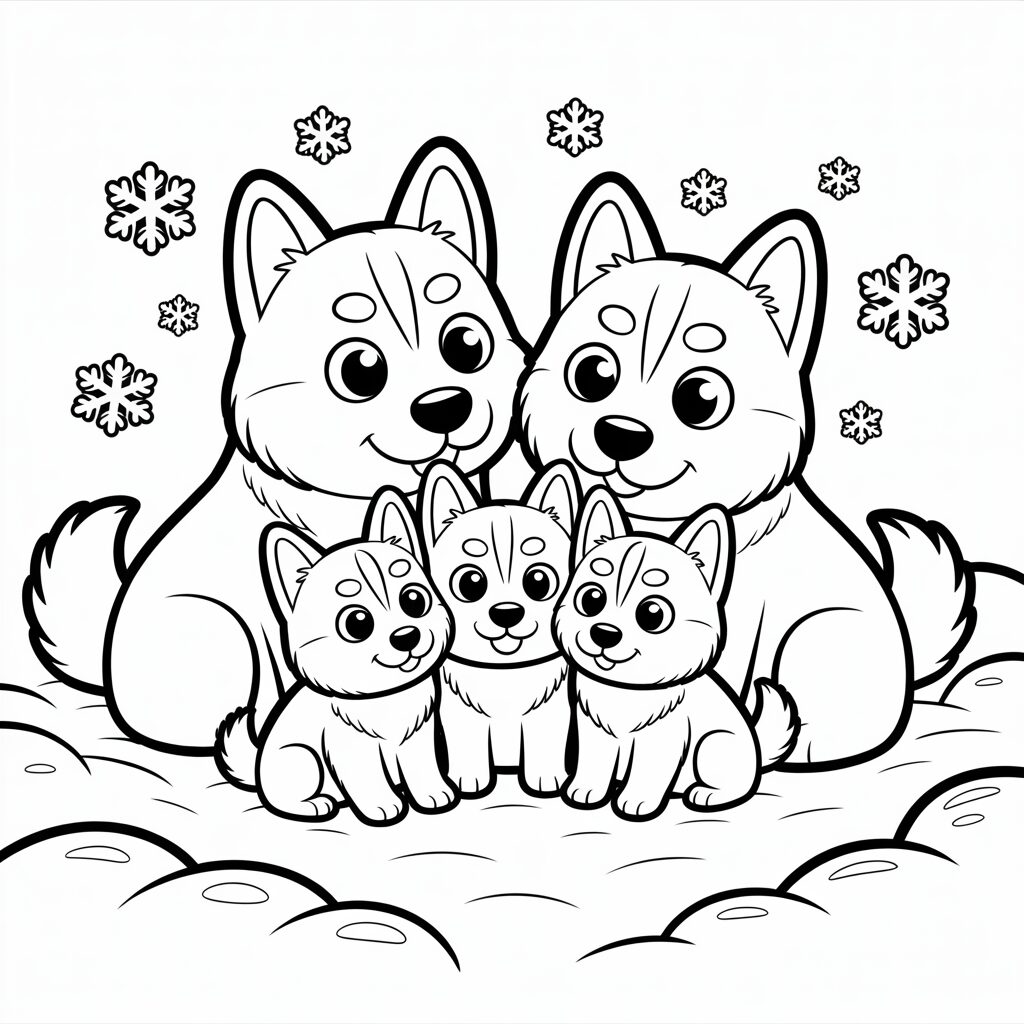 Disegno da colorare di una famiglia di husky nella neve
