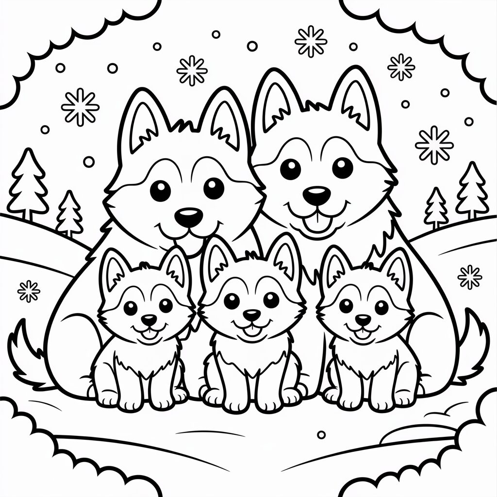 Disegno da colorare di una famiglia di husky in un paesaggio invernale
