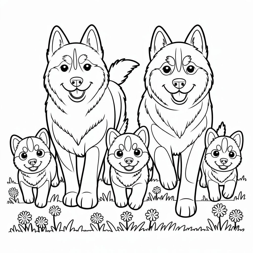 Disegno da colorare di una famiglia di husky che cammina sull’erba