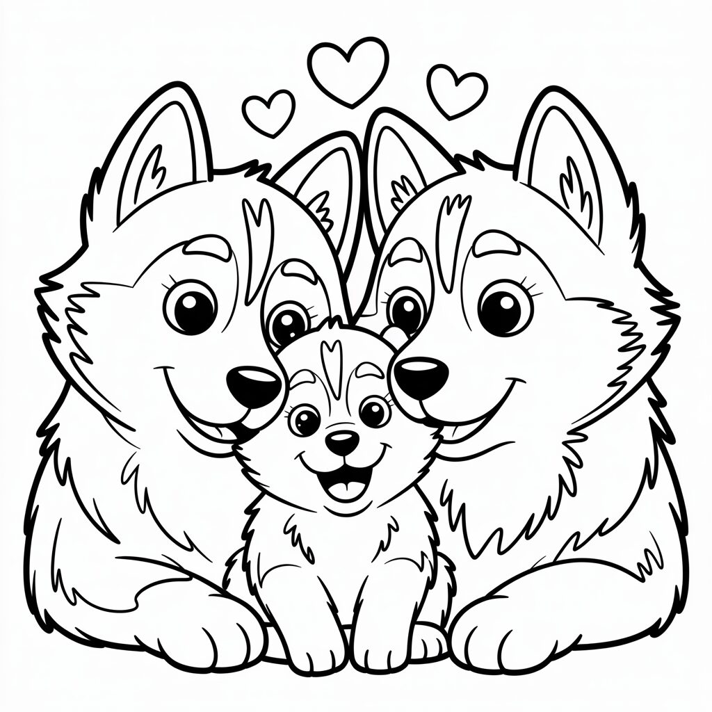 Disegno da colorare di un momento coccoloso tra husky e cucciolo