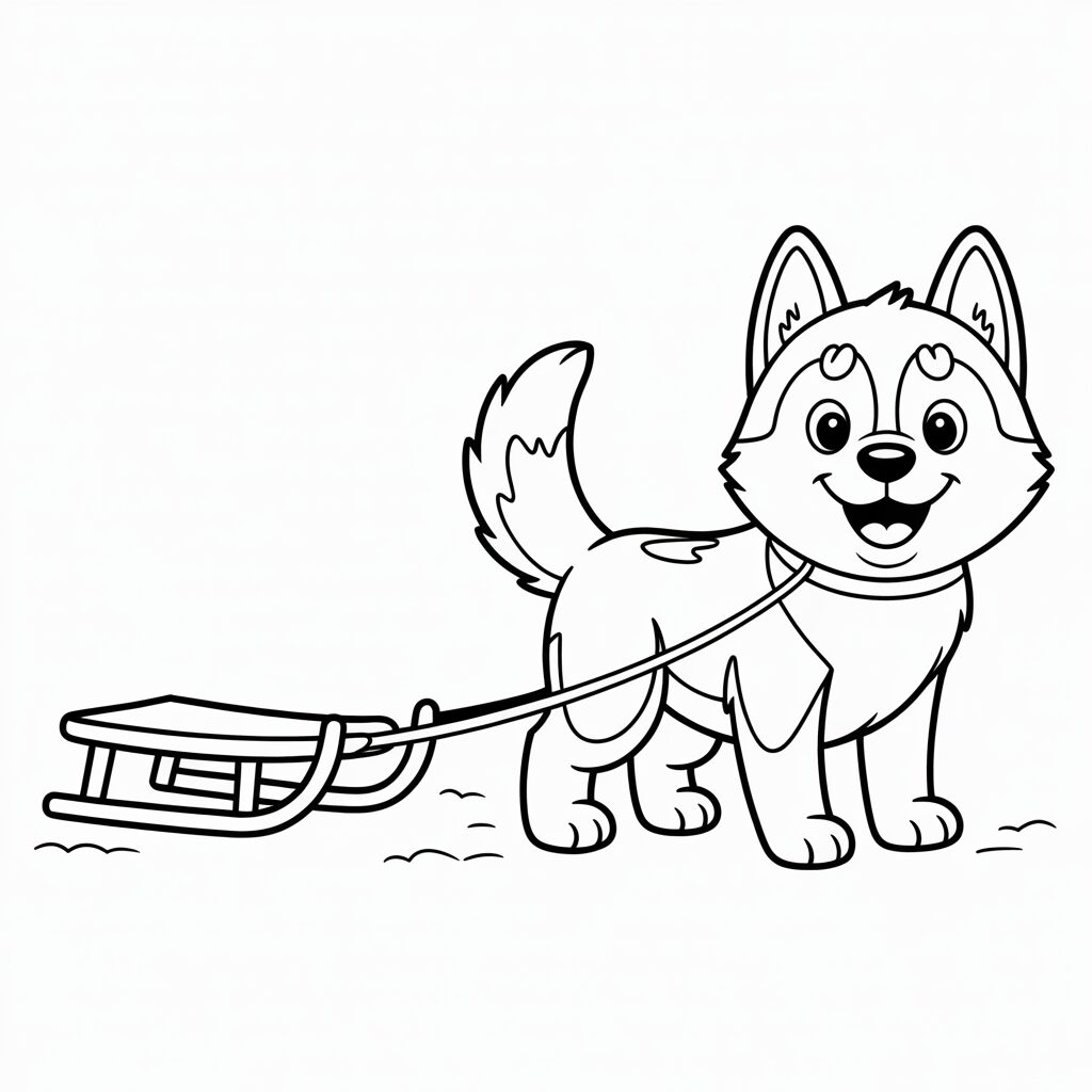 Disegno da colorare di un husky con slitta visto di lato