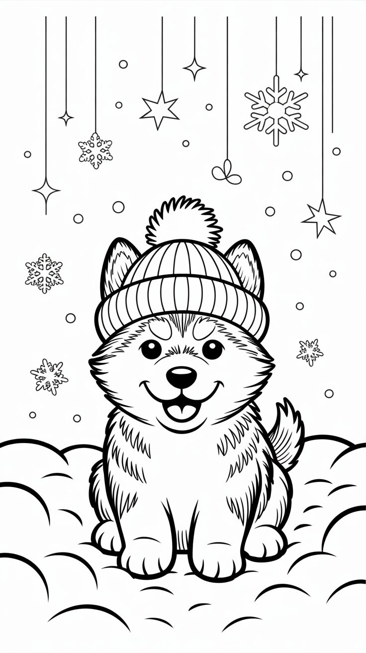 Disegno da colorare di un husky con berretto invernale