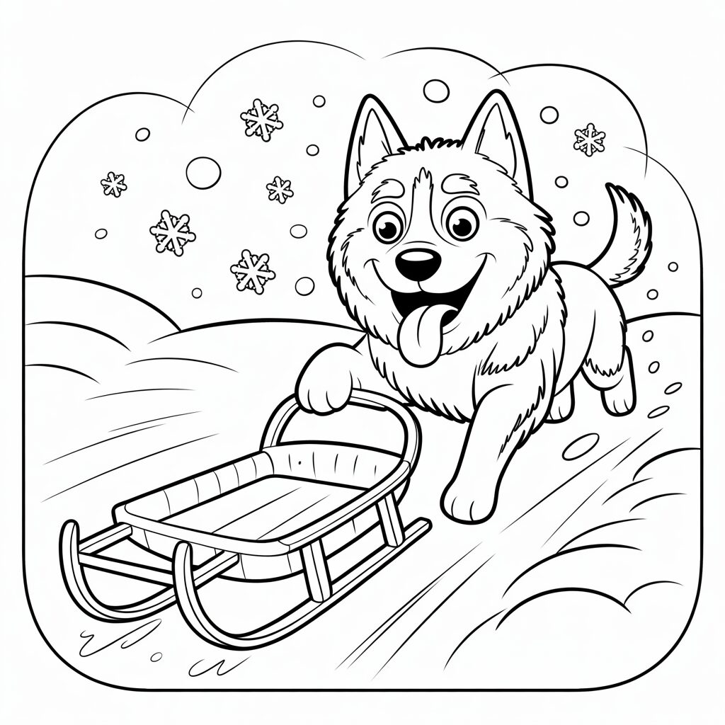 Disegno da colorare di un husky che corre con la slitta nella neve