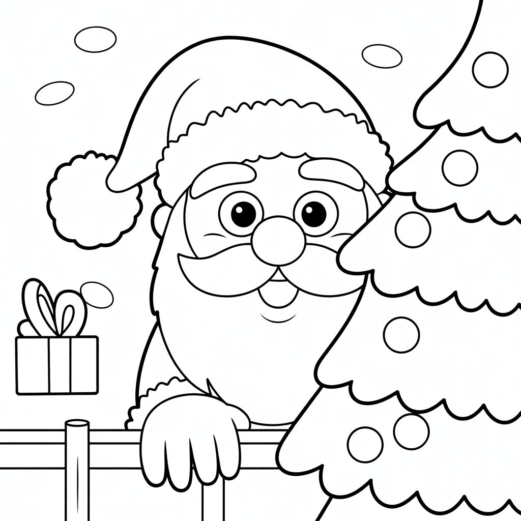 Babbo Natale sbircia da dietro l’albero di Natale da colorare