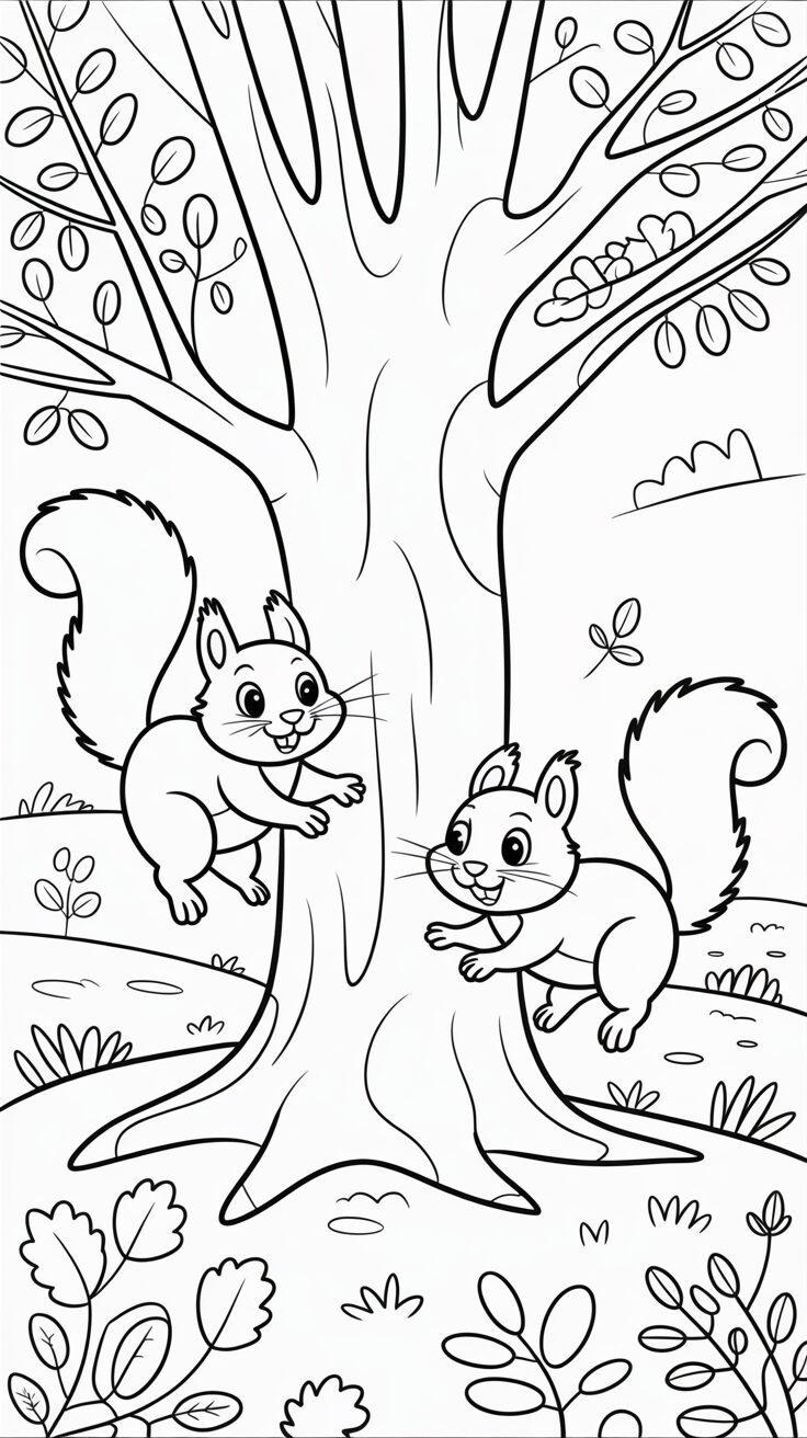 Disegno da colorare scoiattoli vicino all’albero