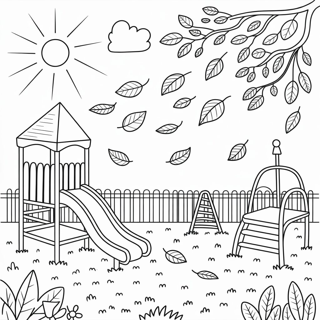 Disegno da colorare autunno nel parco giochi