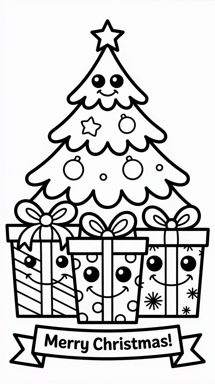 Regali sorridenti sotto l’albero di Natale da colorare