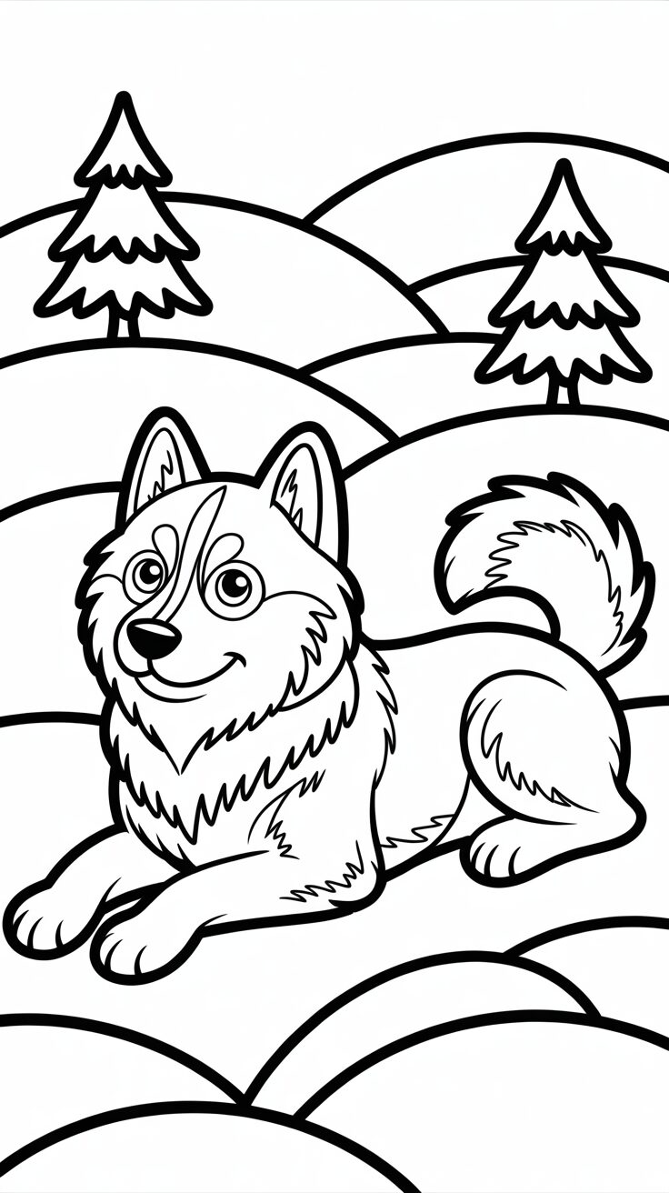 Disegno da colorare di un husky sdraiato tra le colline
