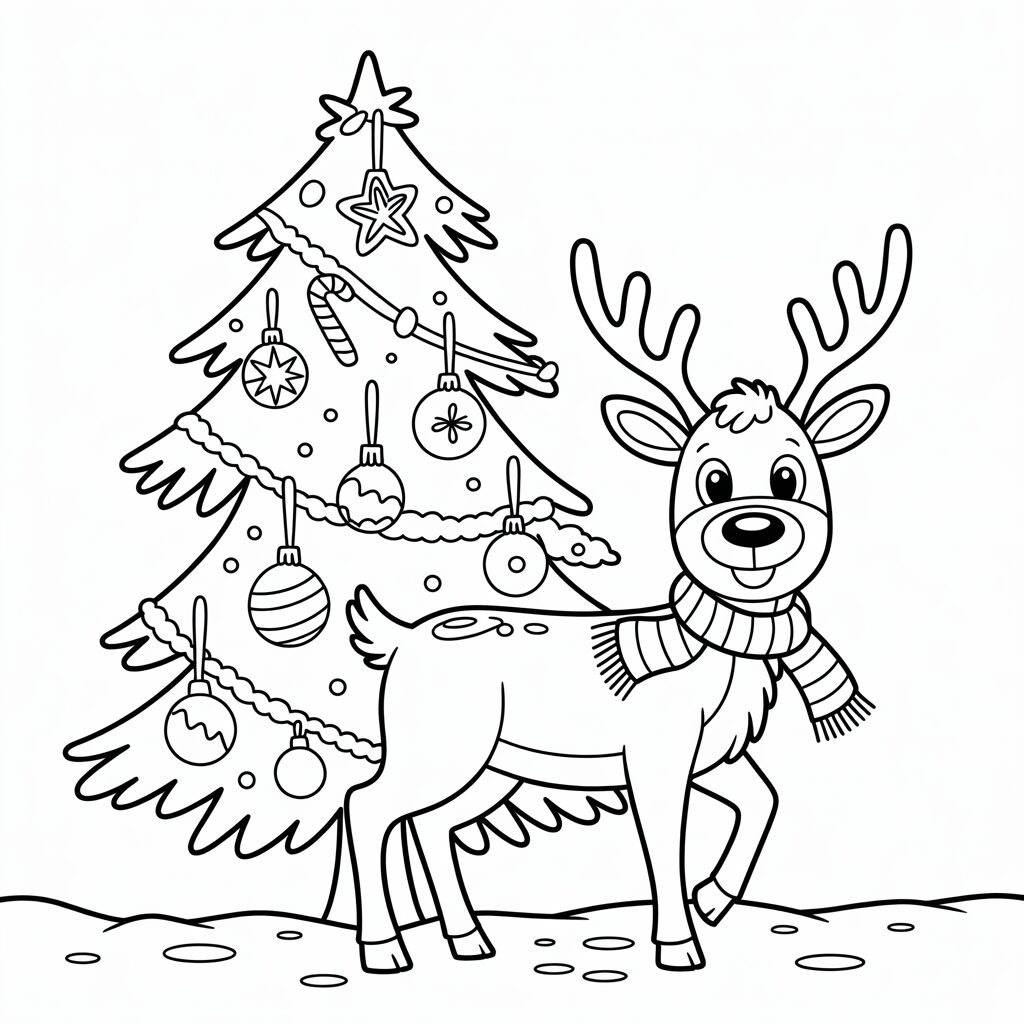 Renna con sciarpa davanti all’albero di Natale da colorare