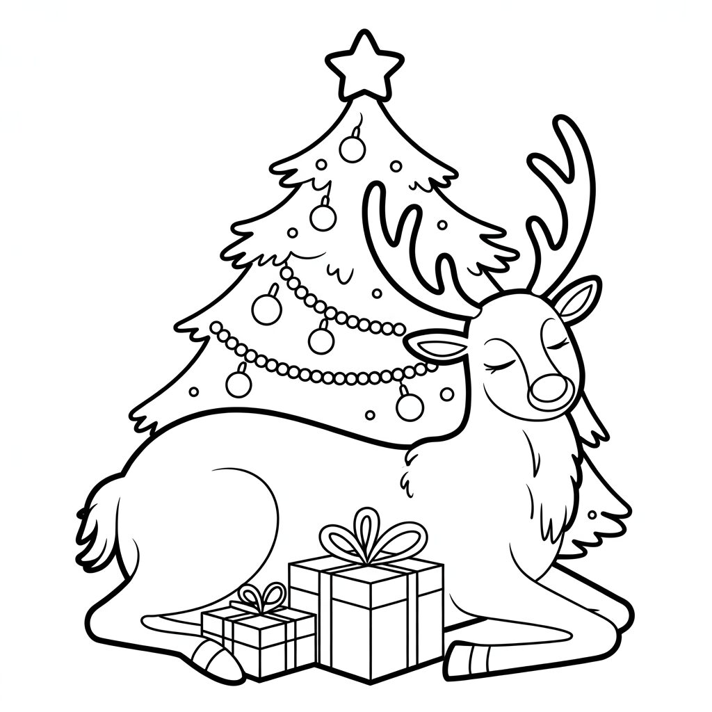 Renna tranquilla sotto l’albero di Natale da colorare