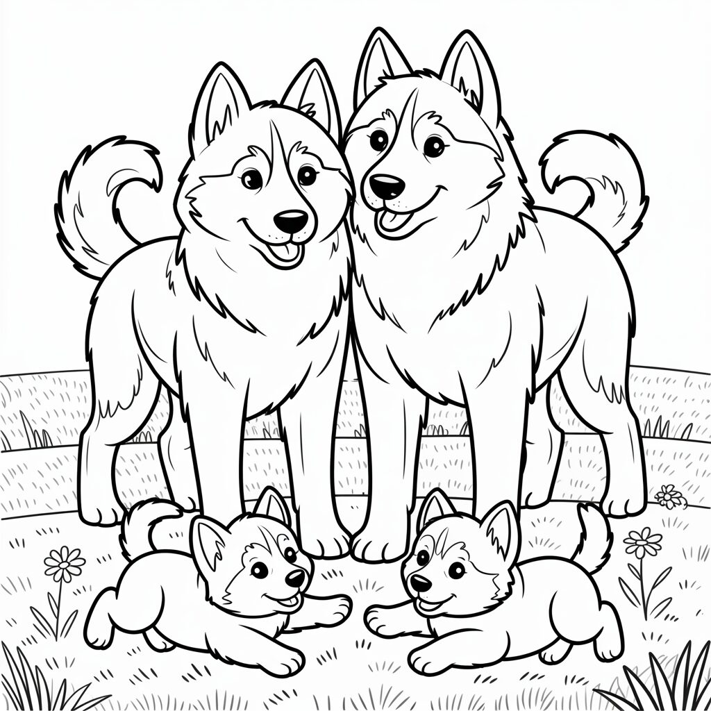 Disegno da colorare di una famiglia di husky che gioca nel campo