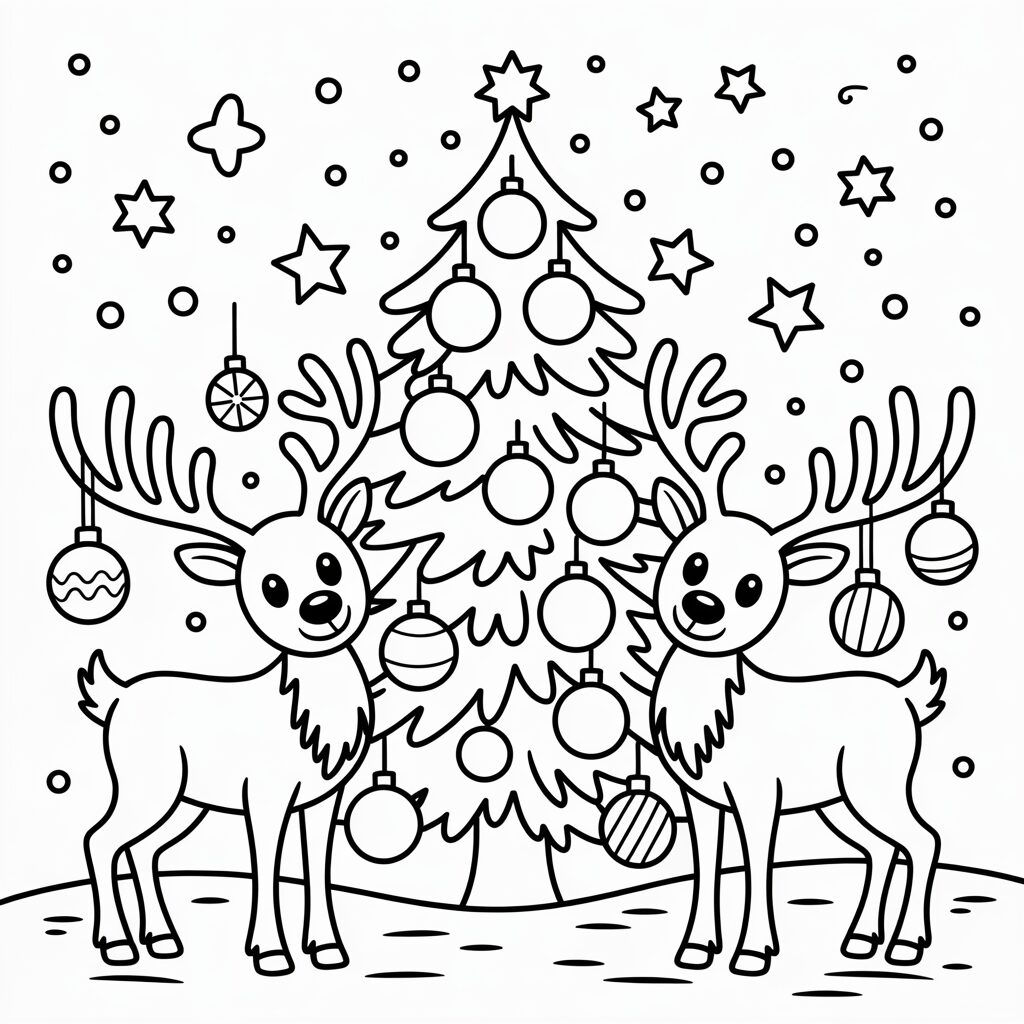 Due renne e albero di Natale decorato da colorare