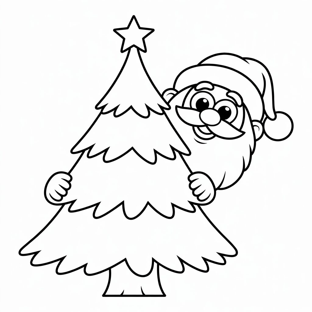 Babbo Natale nascosto dietro l’albero da colorare