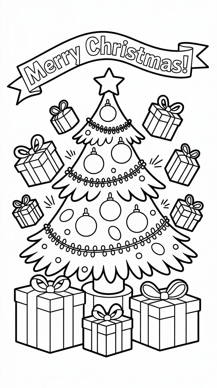 Regali volanti intorno all’albero di Natale da colorare