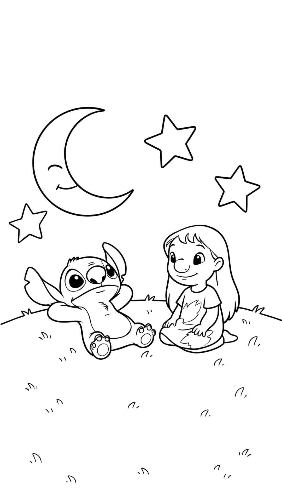 Pagina da colorare Lilo e Stitch con luna e stelle