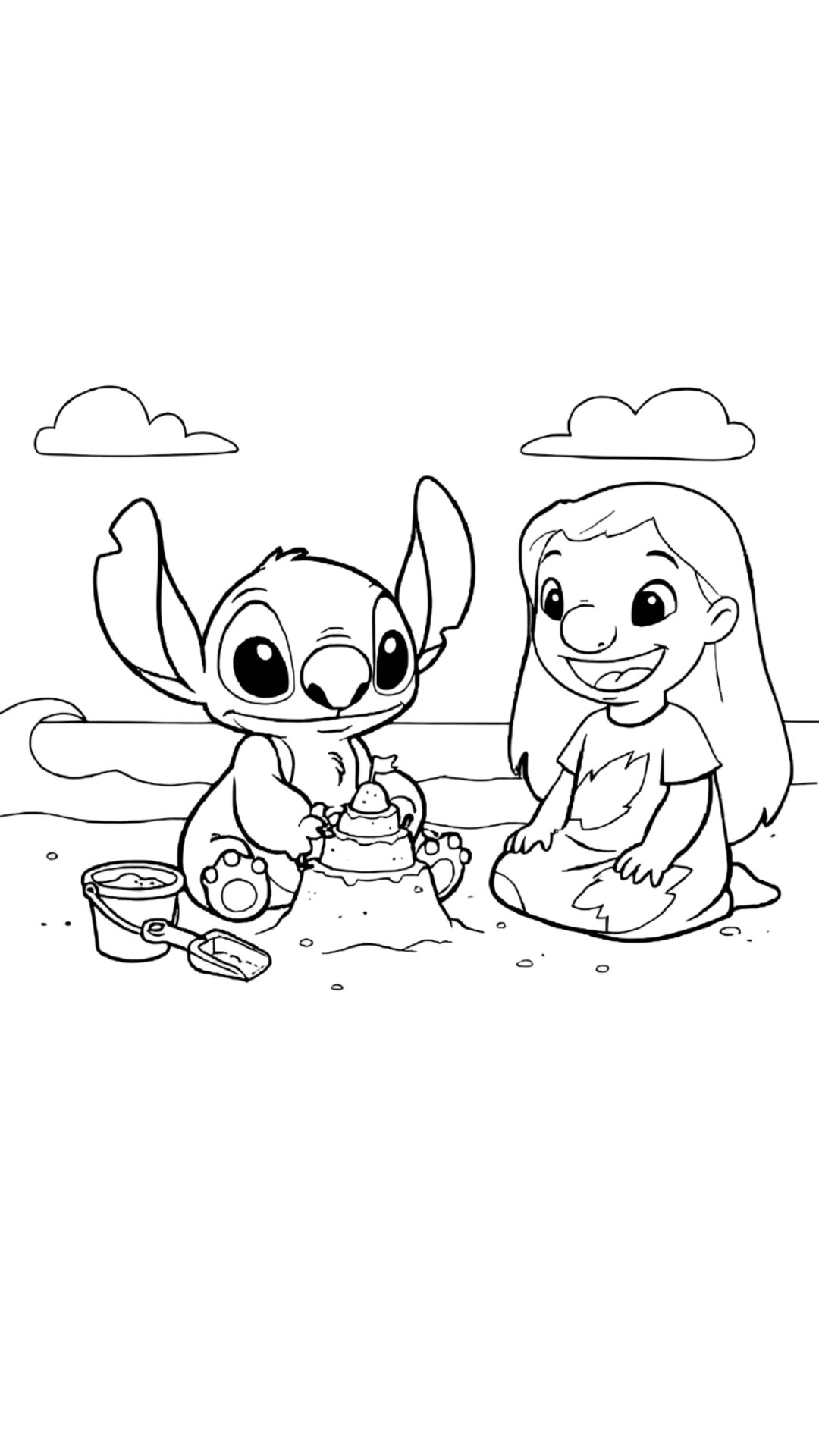Pagina da colorare Lilo e Stitch sulla spiaggia