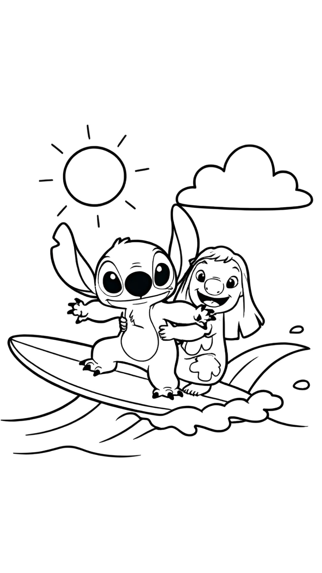 Pagina da colorare Lilo e Stitch che fanno surf