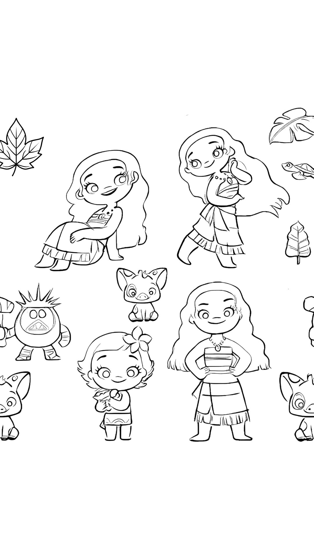 Disegni da colorare dei personaggi di Moana 2 in stile chibi carino