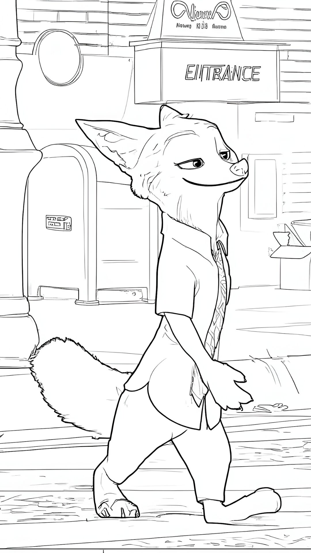 Disegno da colorare di Nick Wilde che passeggia per la strada